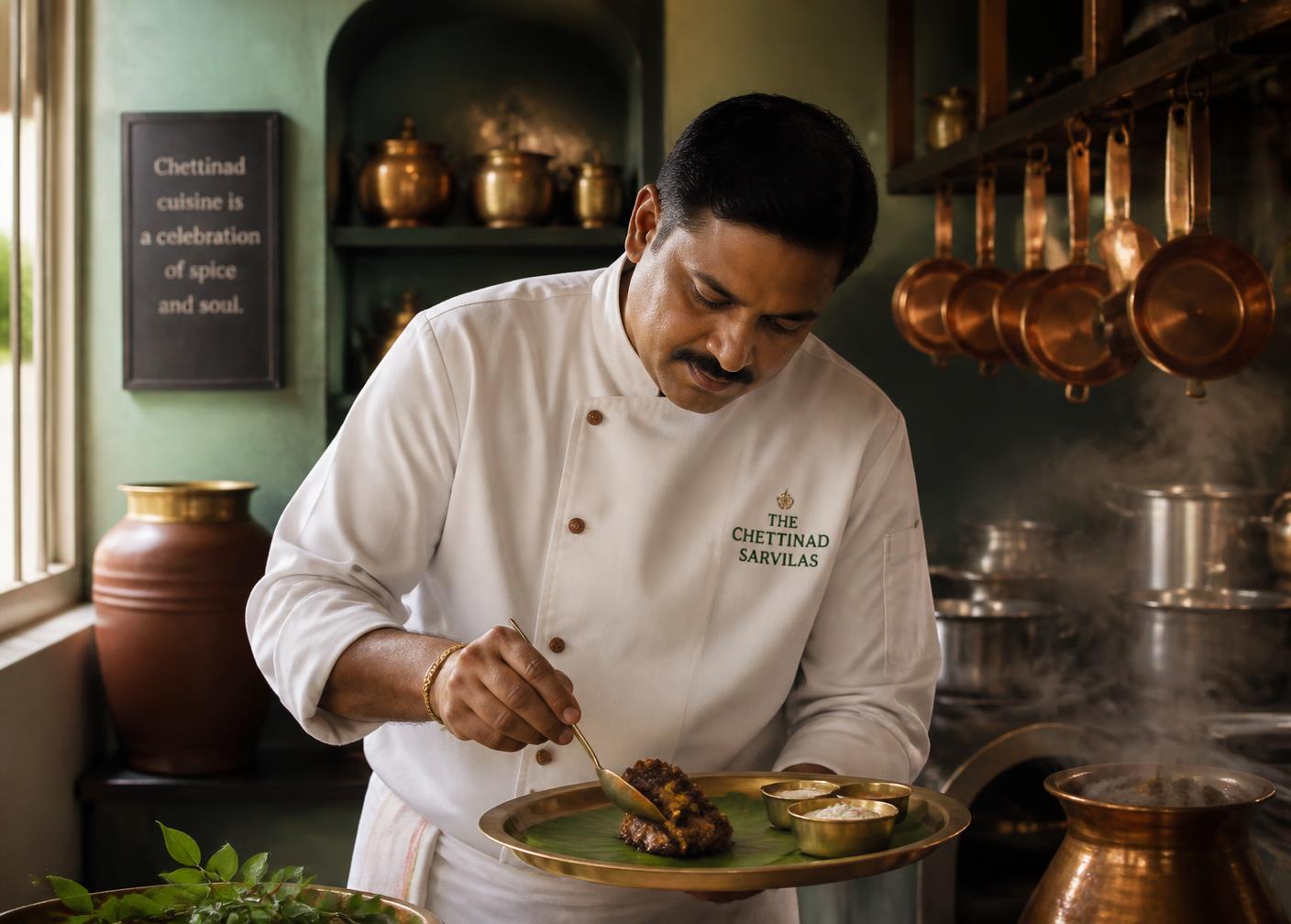 Chef plating a Chettinad dish in the Windmill Virundhu kitchen